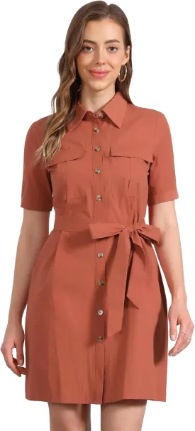 Allegra K Women's Safari Dress Summer Collared Button Down Cotton Belted Shirtdress