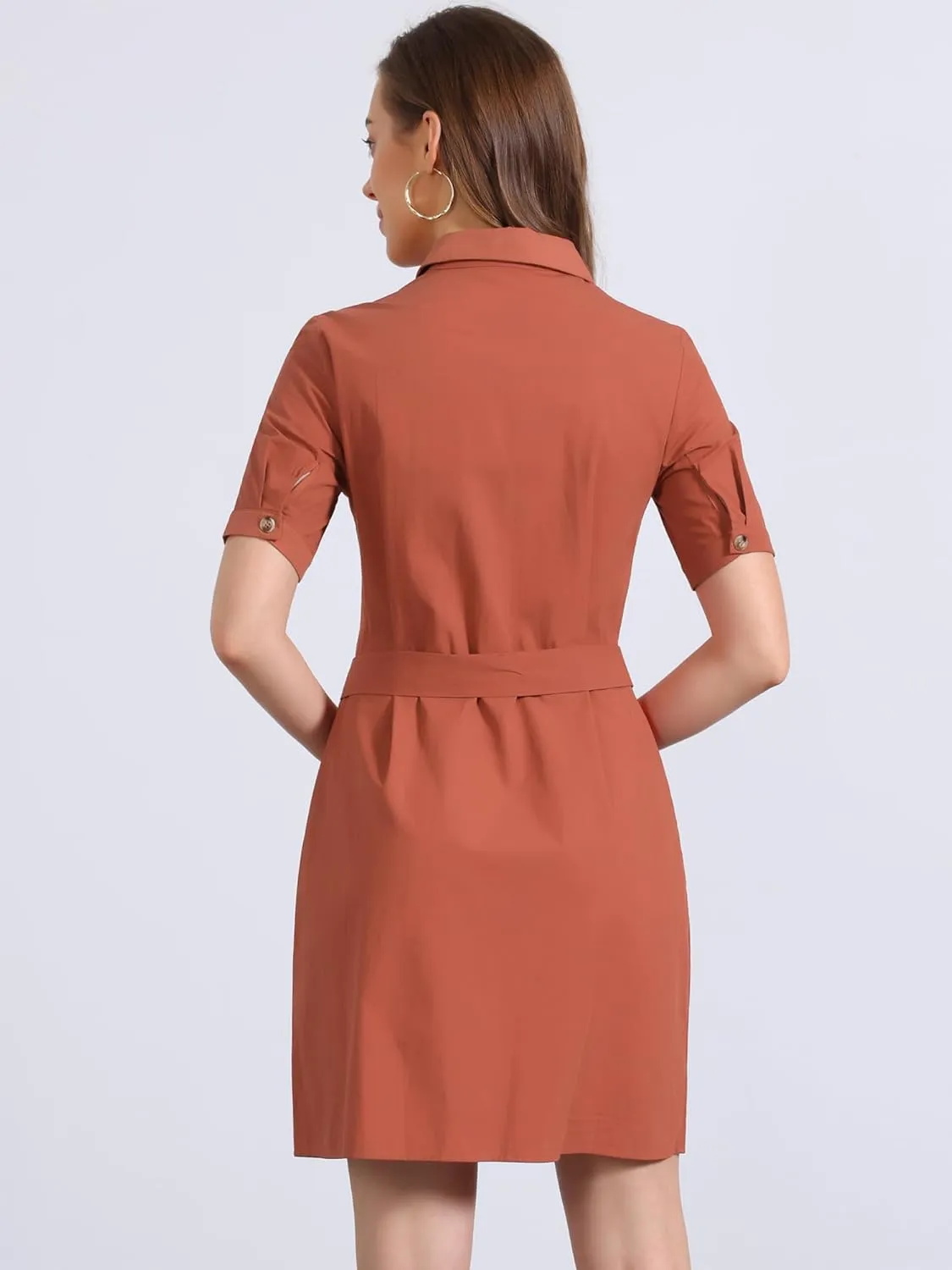 Allegra K Women's Safari Dress Summer Collared Button Down Cotton Belted Shirtdress
