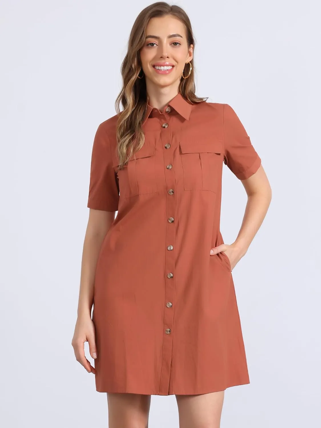 Allegra K Women's Safari Dress Summer Collared Button Down Cotton Belted Shirtdress