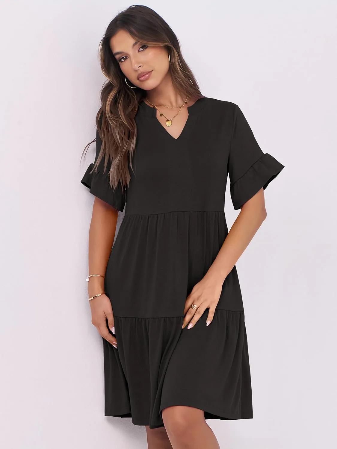 ANRABESS Womens Summer 2025 Trendy Ruffle Short Sleeve V Neck A Line Tiered Flowy Loose Casual Mini Beach Dress with Pockets