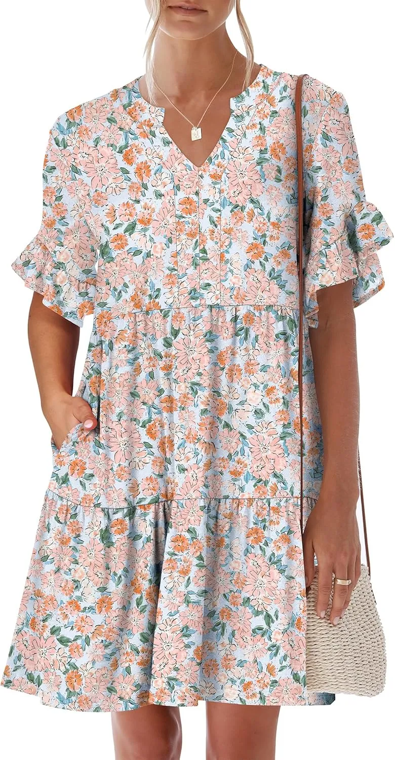 ANRABESS Womens Summer 2025 Trendy Ruffle Short Sleeve V Neck A Line Tiered Flowy Loose Casual Mini Beach Dress with Pockets