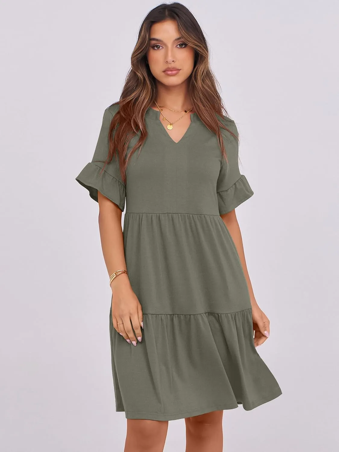 ANRABESS Womens Summer 2025 Trendy Ruffle Short Sleeve V Neck A Line Tiered Flowy Loose Casual Mini Beach Dress with Pockets