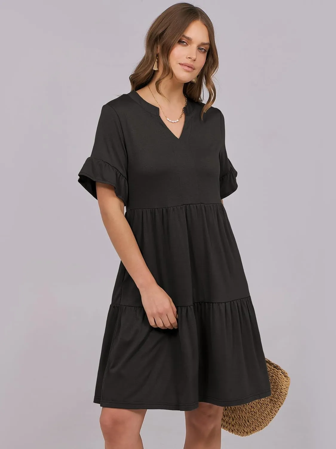 ANRABESS Womens Summer 2025 Trendy Ruffle Short Sleeve V Neck A Line Tiered Flowy Loose Casual Mini Beach Dress with Pockets