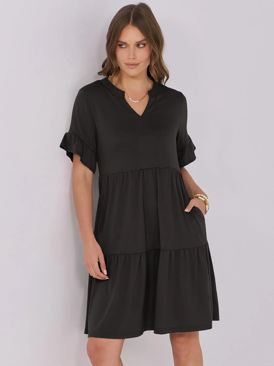 ANRABESS Womens Summer 2025 Trendy Ruffle Short Sleeve V Neck A Line Tiered Flowy Loose Casual Mini Beach Dress with Pockets