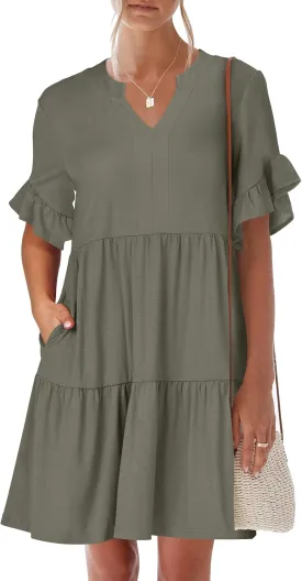 ANRABESS Womens Summer 2025 Trendy Ruffle Short Sleeve V Neck A Line Tiered Flowy Loose Casual Mini Beach Dress with Pockets