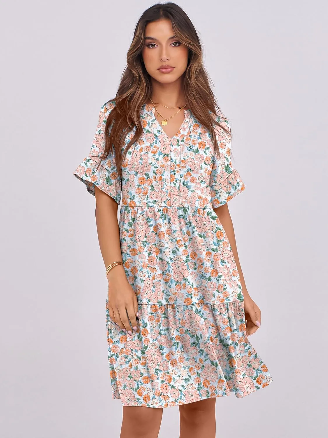 ANRABESS Womens Summer 2025 Trendy Ruffle Short Sleeve V Neck A Line Tiered Flowy Loose Casual Mini Beach Dress with Pockets