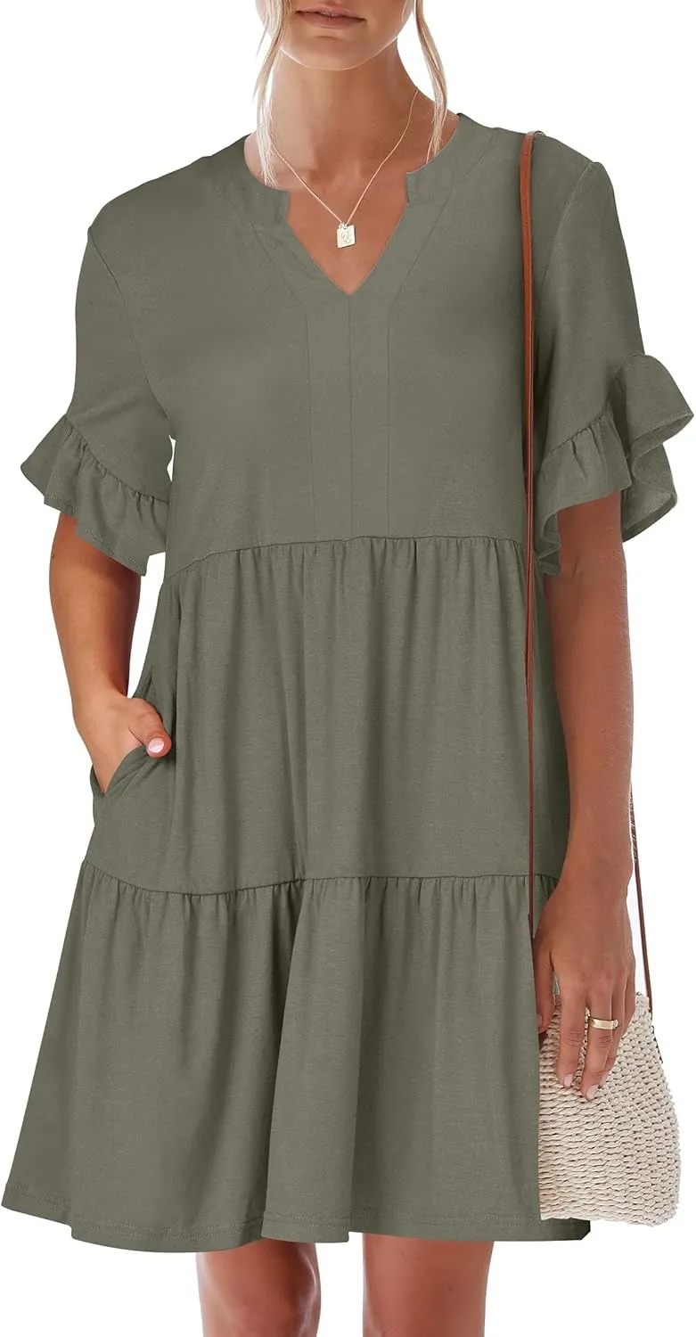 ANRABESS Womens Summer 2025 Trendy Ruffle Short Sleeve V Neck A Line Tiered Flowy Loose Casual Mini Beach Dress with Pockets