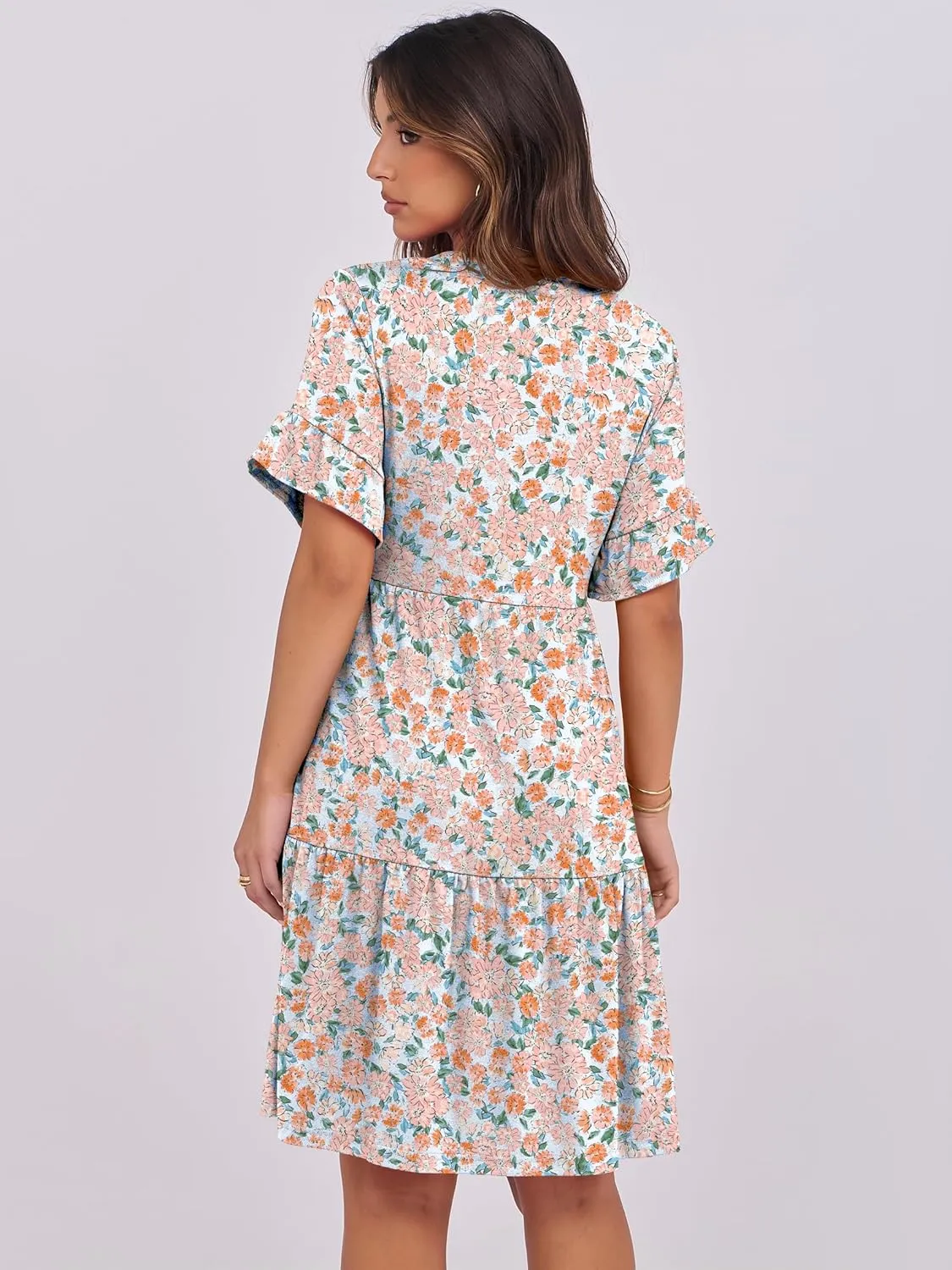 ANRABESS Womens Summer 2025 Trendy Ruffle Short Sleeve V Neck A Line Tiered Flowy Loose Casual Mini Beach Dress with Pockets