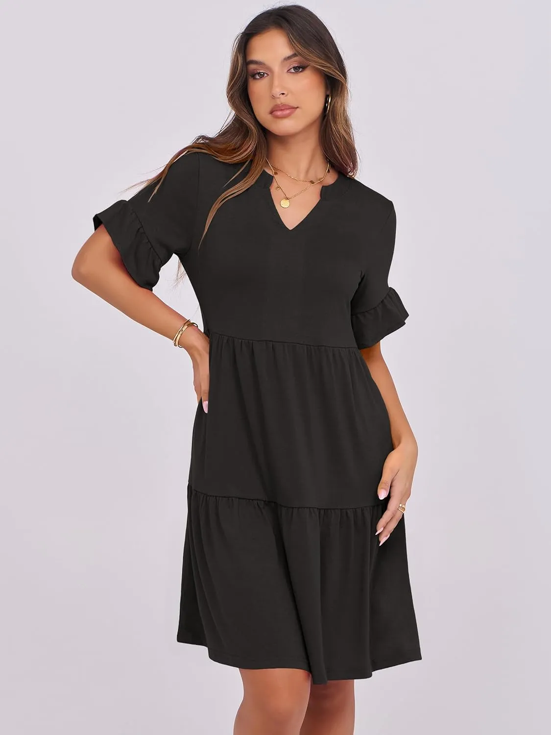 ANRABESS Womens Summer 2025 Trendy Ruffle Short Sleeve V Neck A Line Tiered Flowy Loose Casual Mini Beach Dress with Pockets