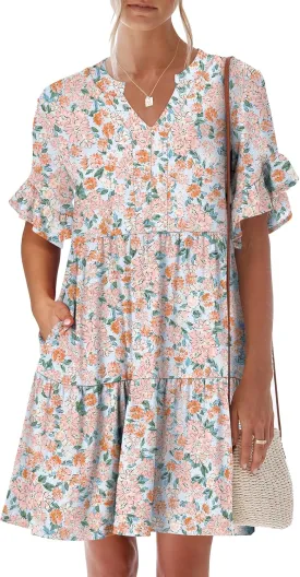 ANRABESS Womens Summer 2025 Trendy Ruffle Short Sleeve V Neck A Line Tiered Flowy Loose Casual Mini Beach Dress with Pockets