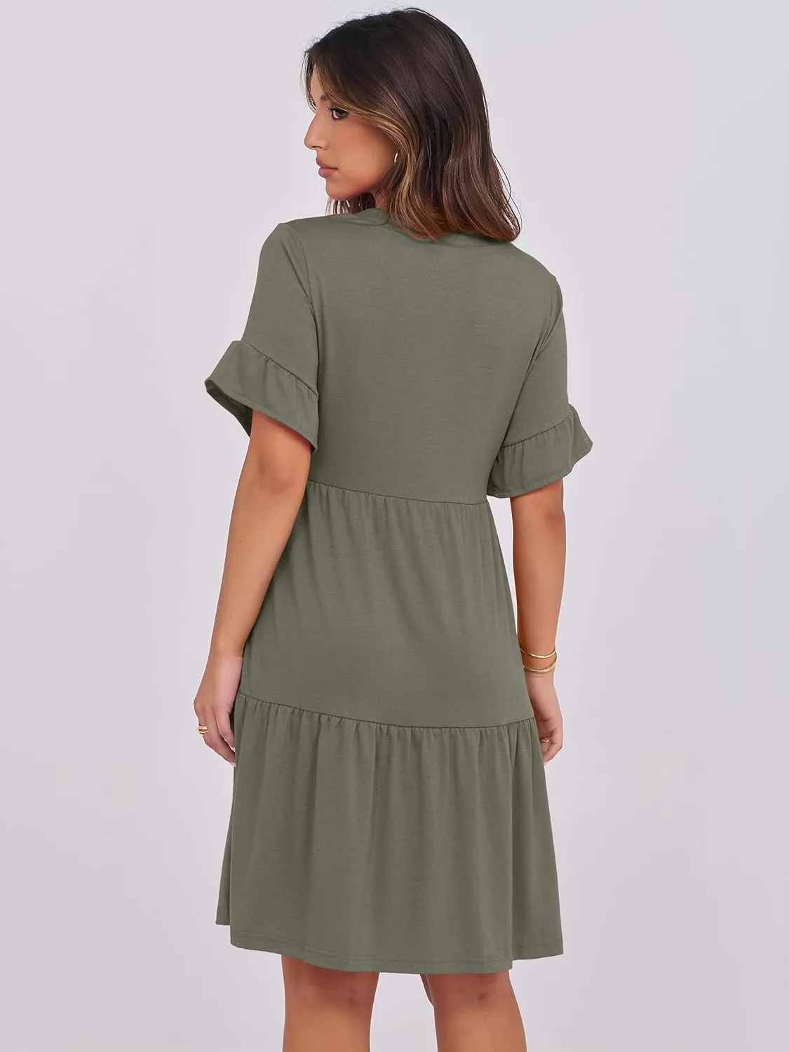 ANRABESS Womens Summer 2025 Trendy Ruffle Short Sleeve V Neck A Line Tiered Flowy Loose Casual Mini Beach Dress with Pockets