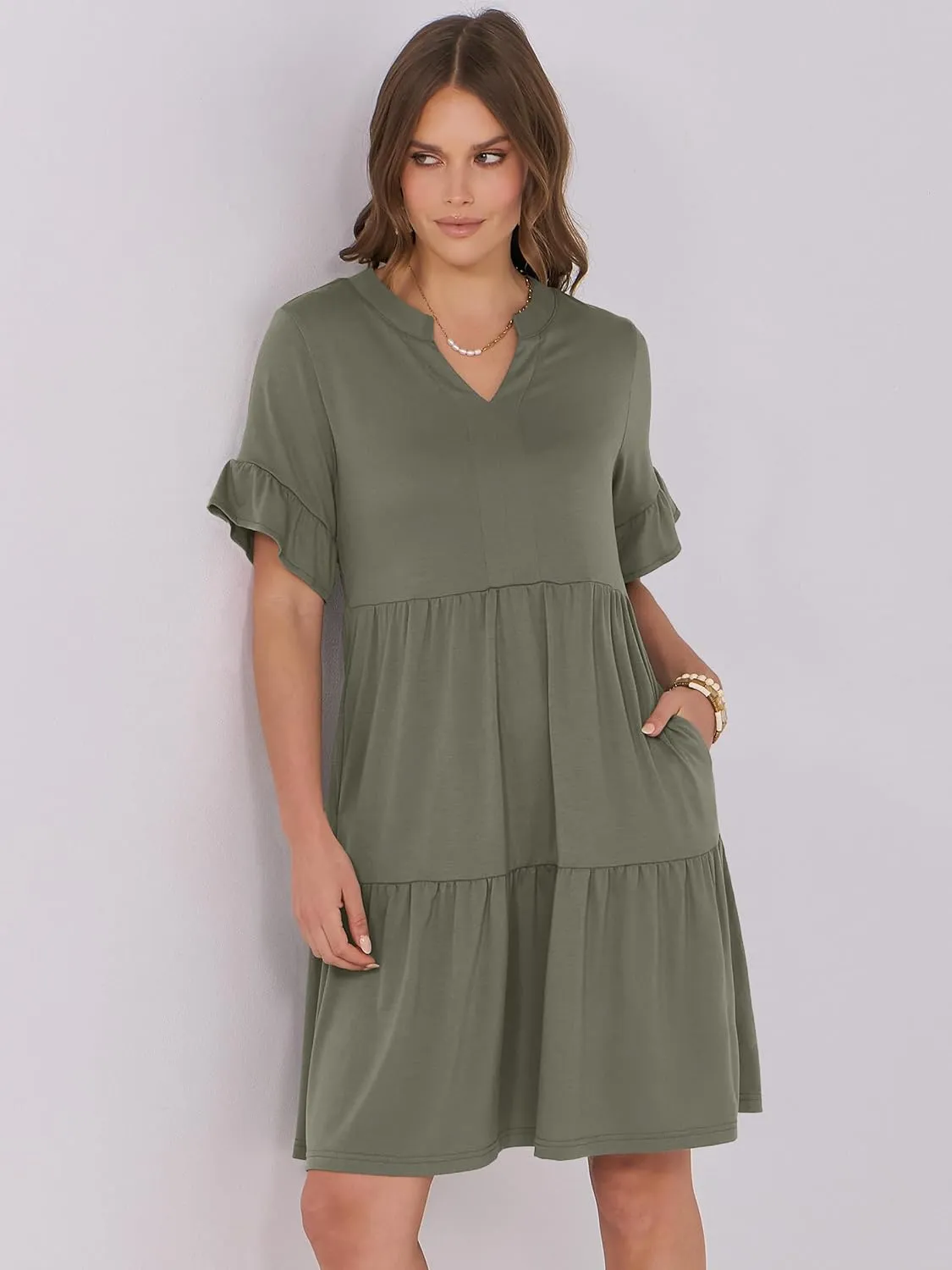 ANRABESS Womens Summer 2025 Trendy Ruffle Short Sleeve V Neck A Line Tiered Flowy Loose Casual Mini Beach Dress with Pockets
