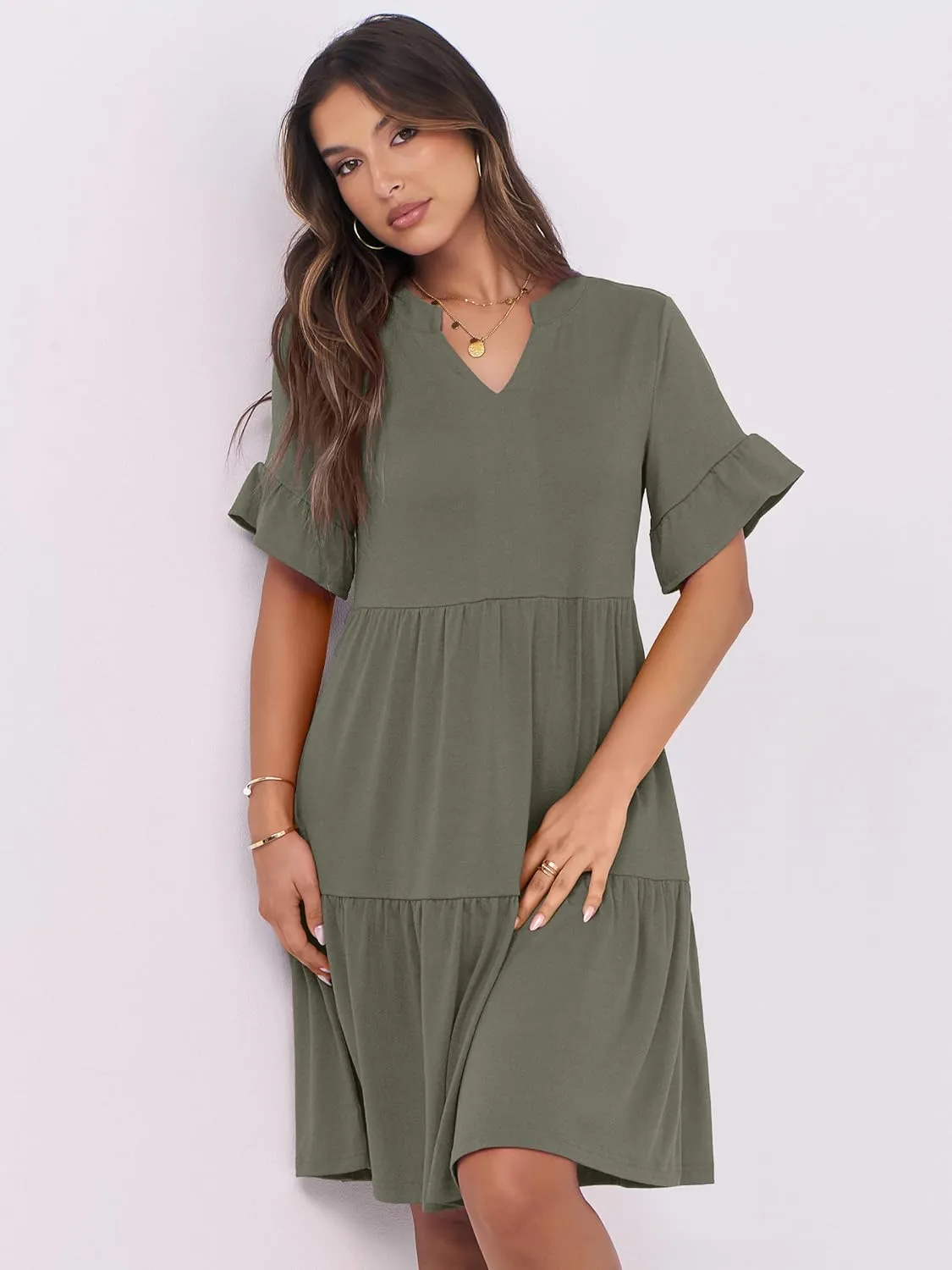 ANRABESS Womens Summer 2025 Trendy Ruffle Short Sleeve V Neck A Line Tiered Flowy Loose Casual Mini Beach Dress with Pockets