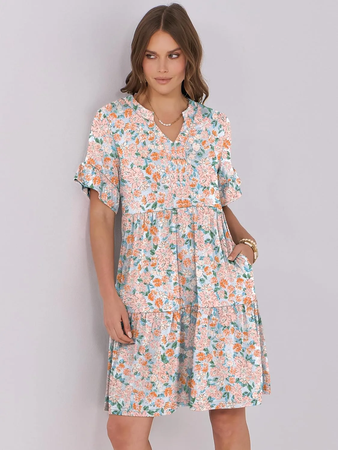 ANRABESS Womens Summer 2025 Trendy Ruffle Short Sleeve V Neck A Line Tiered Flowy Loose Casual Mini Beach Dress with Pockets