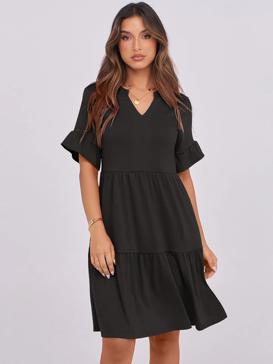 ANRABESS Womens Summer 2025 Trendy Ruffle Short Sleeve V Neck A Line Tiered Flowy Loose Casual Mini Beach Dress with Pockets