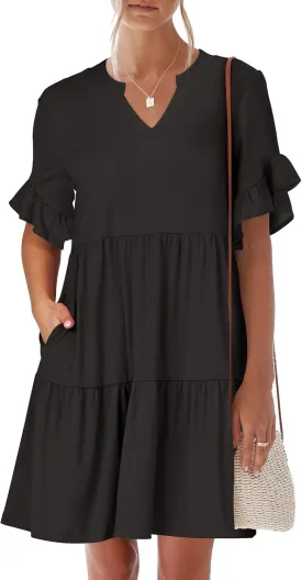 ANRABESS Womens Summer 2025 Trendy Ruffle Short Sleeve V Neck A Line Tiered Flowy Loose Casual Mini Beach Dress with Pockets