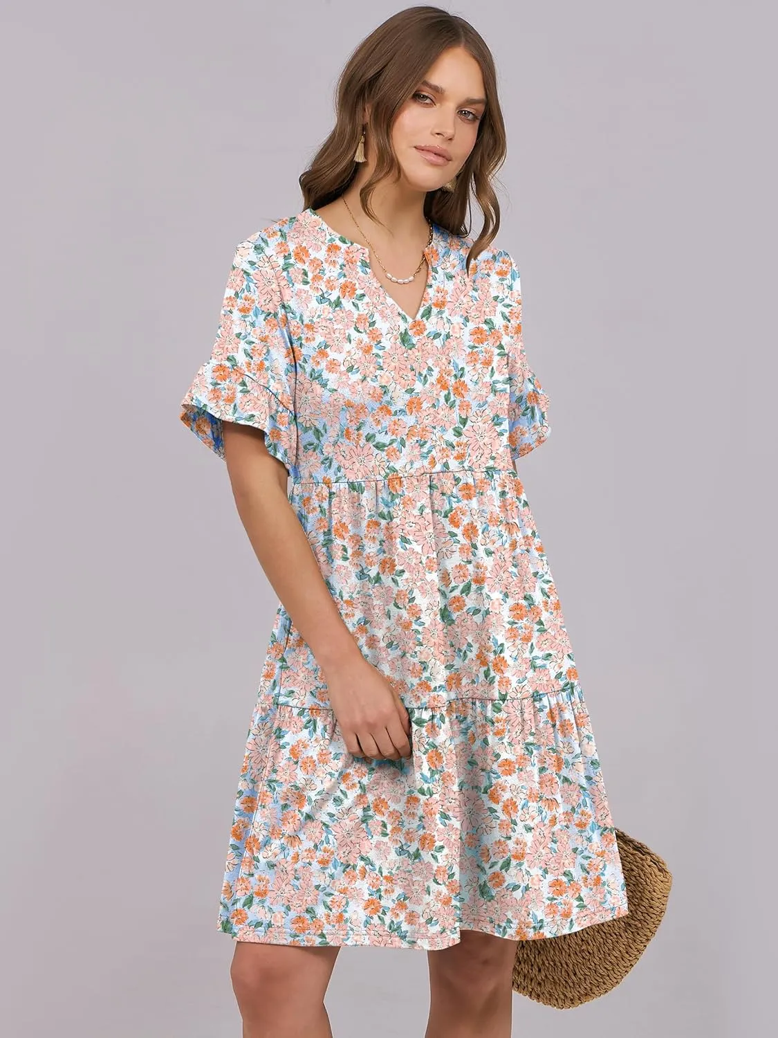 ANRABESS Womens Summer 2025 Trendy Ruffle Short Sleeve V Neck A Line Tiered Flowy Loose Casual Mini Beach Dress with Pockets