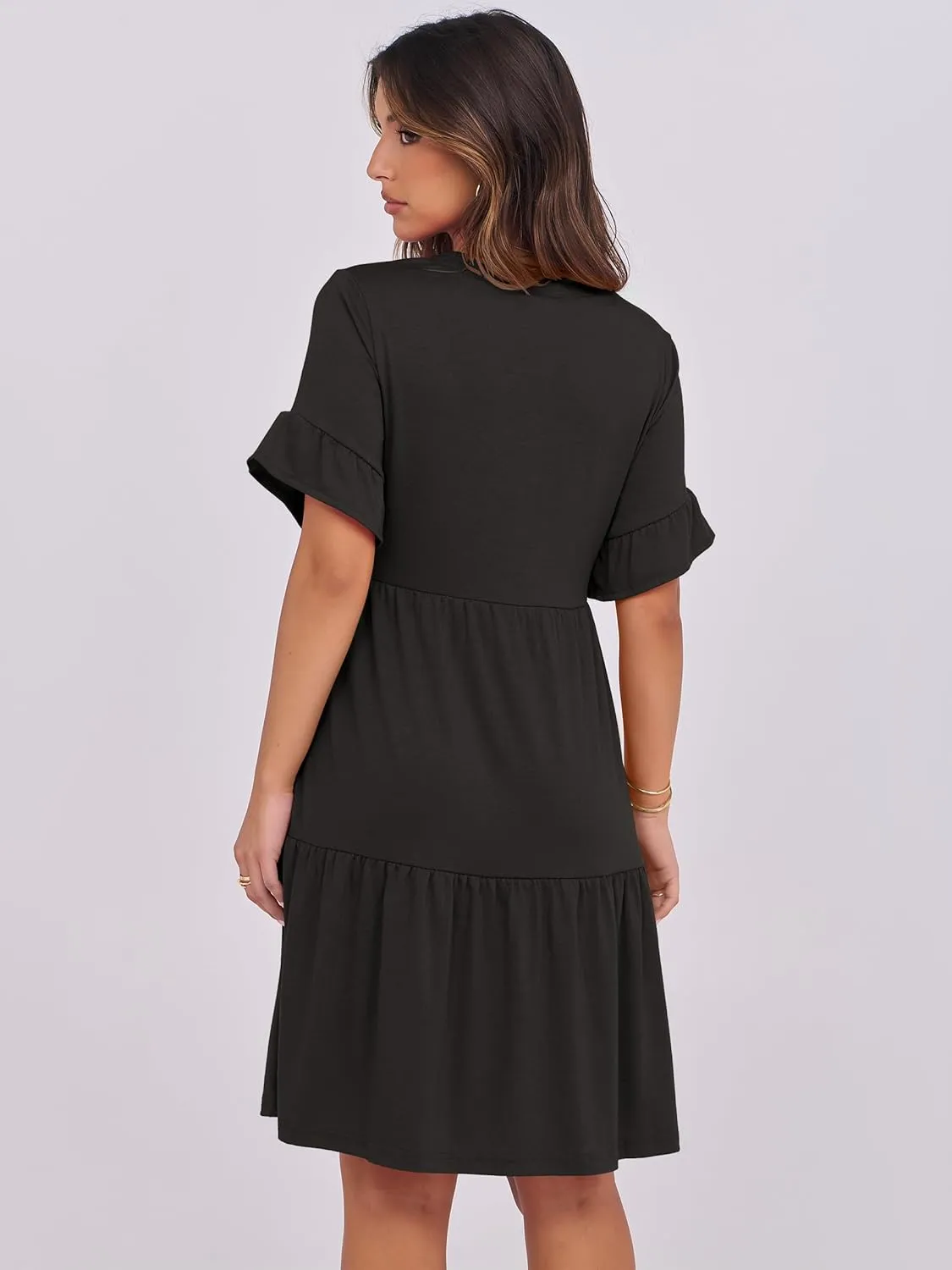 ANRABESS Womens Summer 2025 Trendy Ruffle Short Sleeve V Neck A Line Tiered Flowy Loose Casual Mini Beach Dress with Pockets