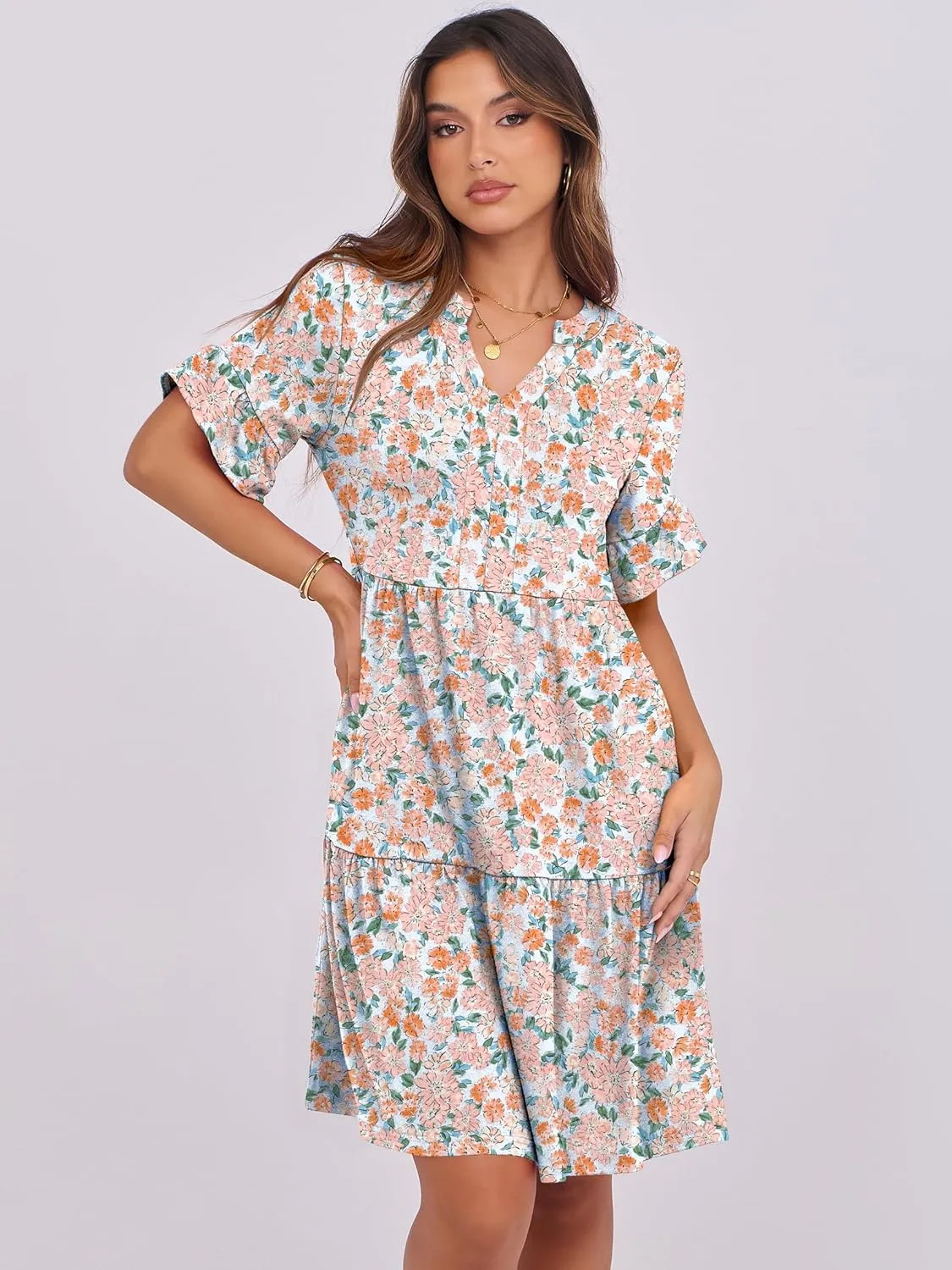 ANRABESS Womens Summer 2025 Trendy Ruffle Short Sleeve V Neck A Line Tiered Flowy Loose Casual Mini Beach Dress with Pockets