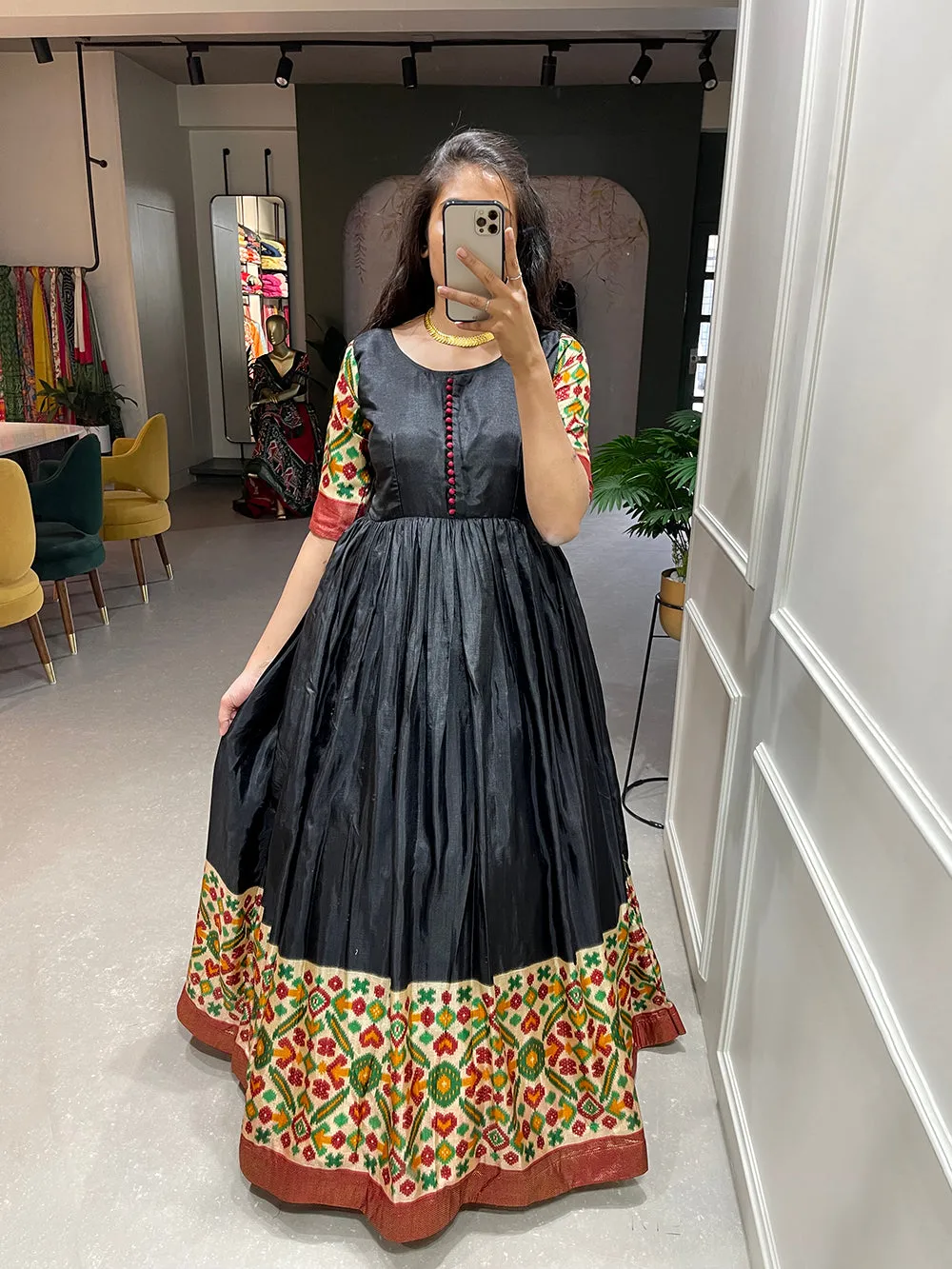 Black Color Foil Printed Dola Silk Gown