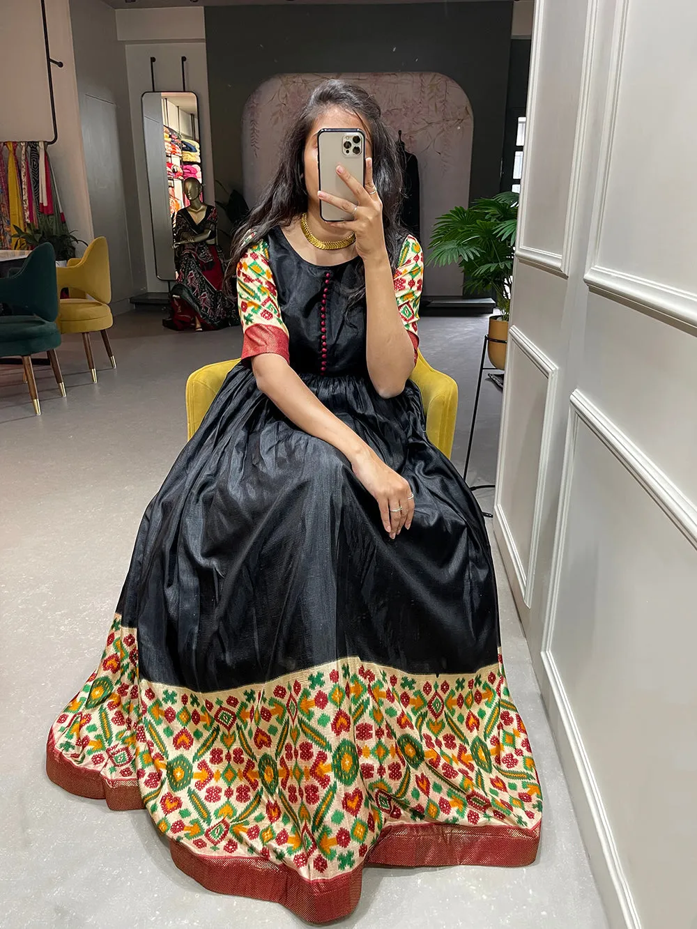Black Color Foil Printed Dola Silk Gown