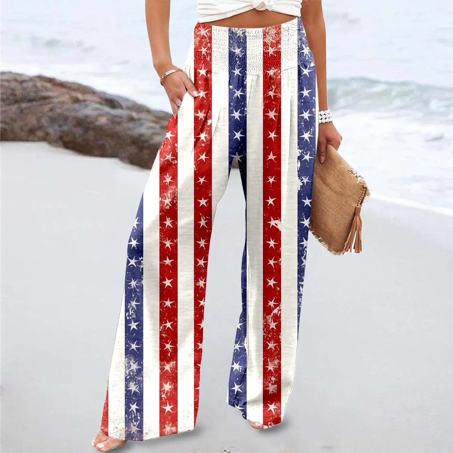 Boho Pants for Women Floral Print Linen Pant Elastic Waist Drawstring Summer Beach Baggy Trousers with Pocket Fit