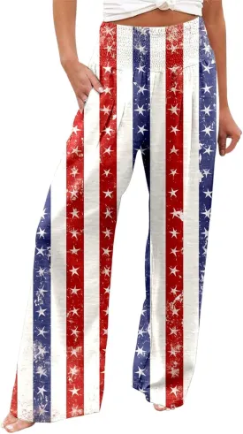 Boho Pants for Women Floral Print Linen Pant Elastic Waist Drawstring Summer Beach Baggy Trousers with Pocket Fit