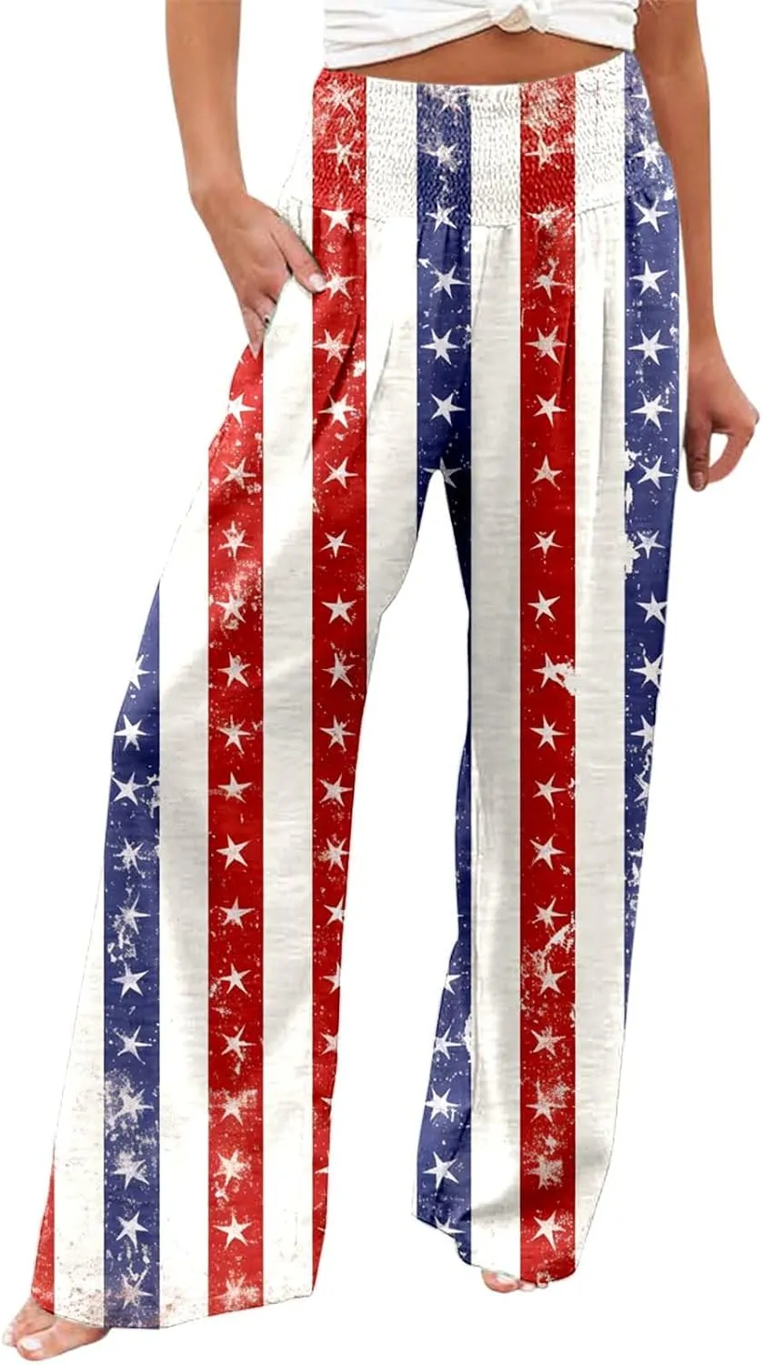 Boho Pants for Women Floral Print Linen Pant Elastic Waist Drawstring Summer Beach Baggy Trousers with Pocket Fit