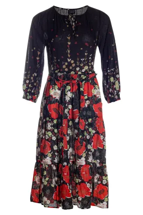Red & Black Poppy Border Print Cotton Blend Dress - Style 6547AR