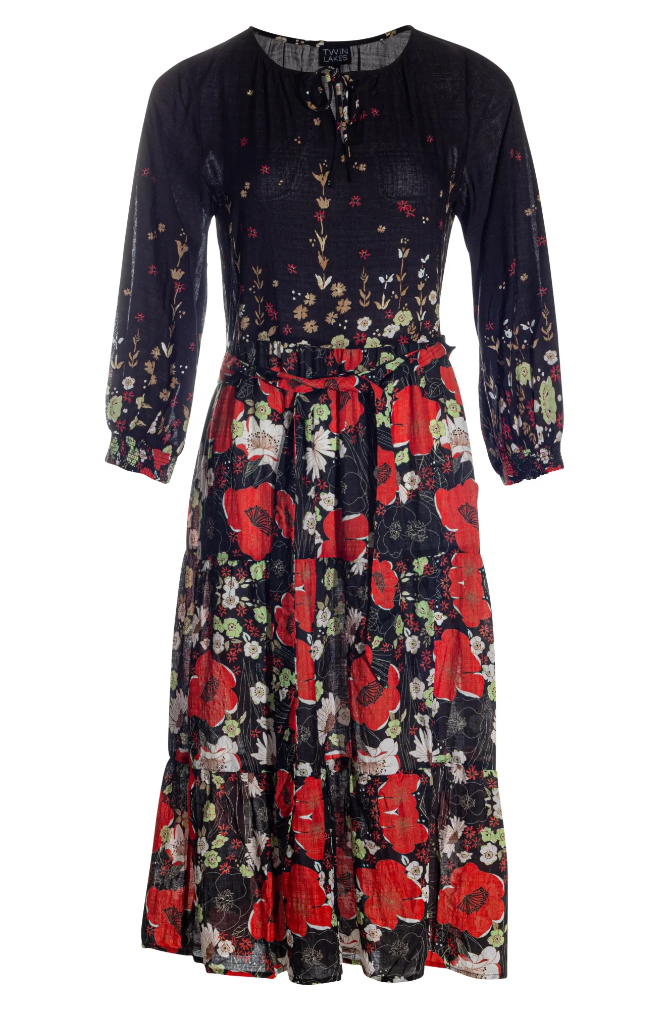 Red & Black Poppy Border Print Cotton Blend Dress - Style 6547AR