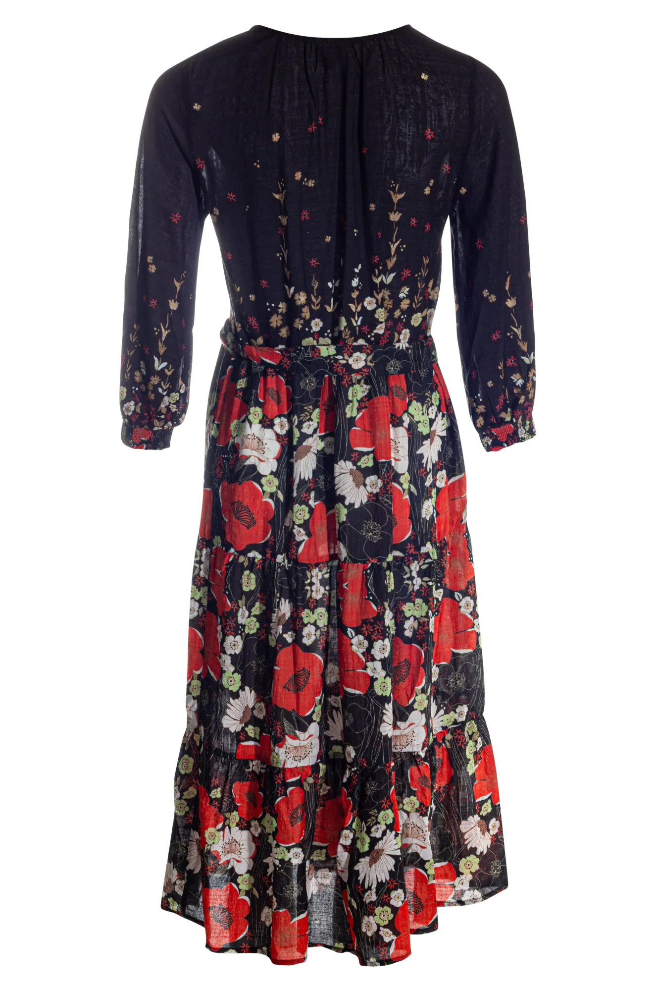 Red & Black Poppy Border Print Cotton Blend Dress - Style 6547AR