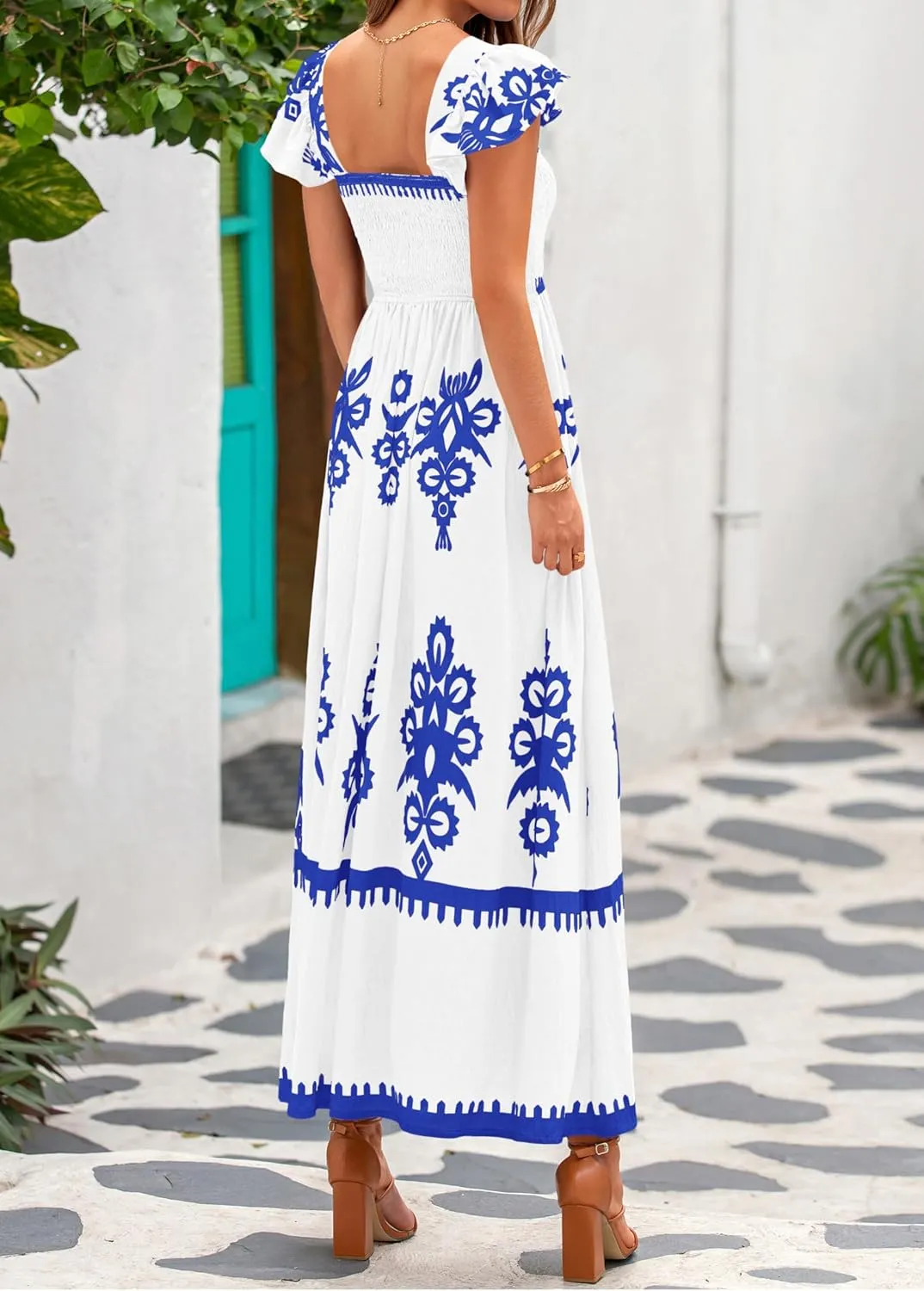 BTFBM Summer Dresses for Women 2025 Floral Smocked Boho Sleeveless Square Neck A Line Casual Beach Maxi Dress Pockets