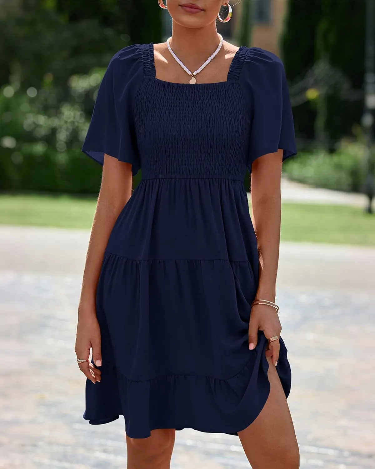 BTFBM Women's Summer Smocked Mini Dress Square Neck Flutter Sleeve Casual Ruffle Flared Swing Boho Beach Dresses Pockets