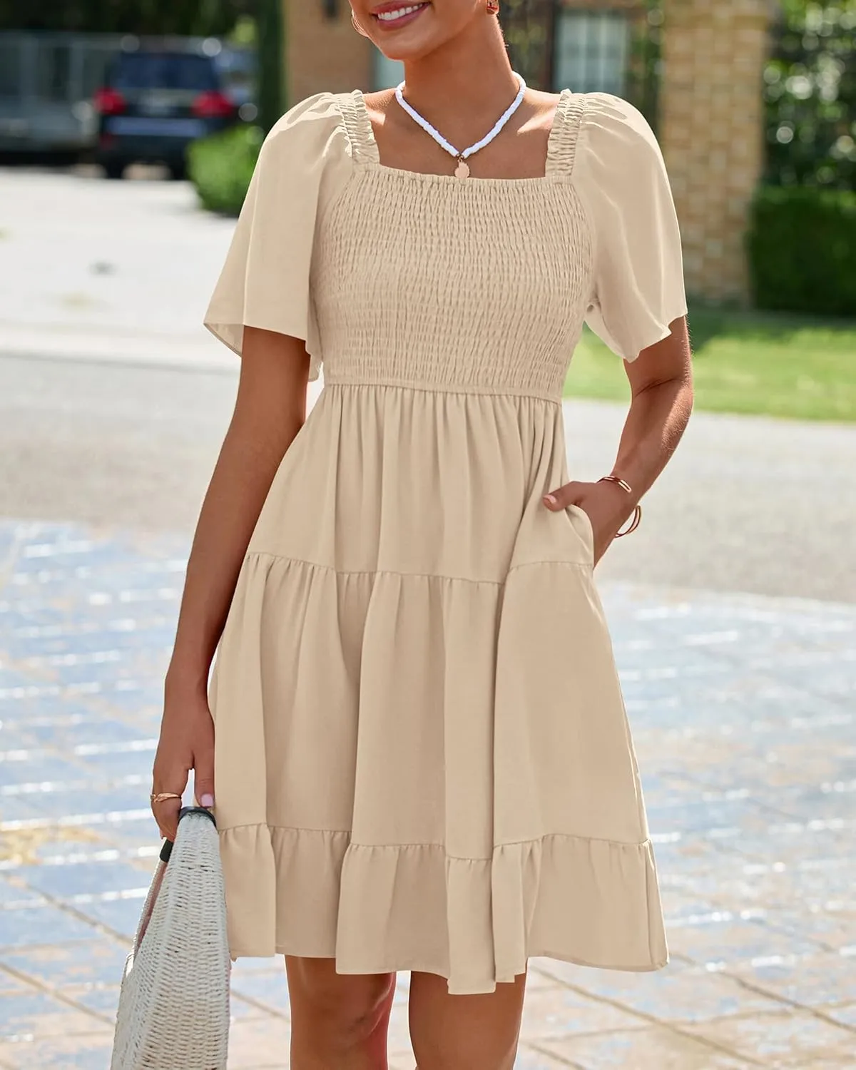 BTFBM Women's Summer Smocked Mini Dress Square Neck Flutter Sleeve Casual Ruffle Flared Swing Boho Beach Dresses Pockets
