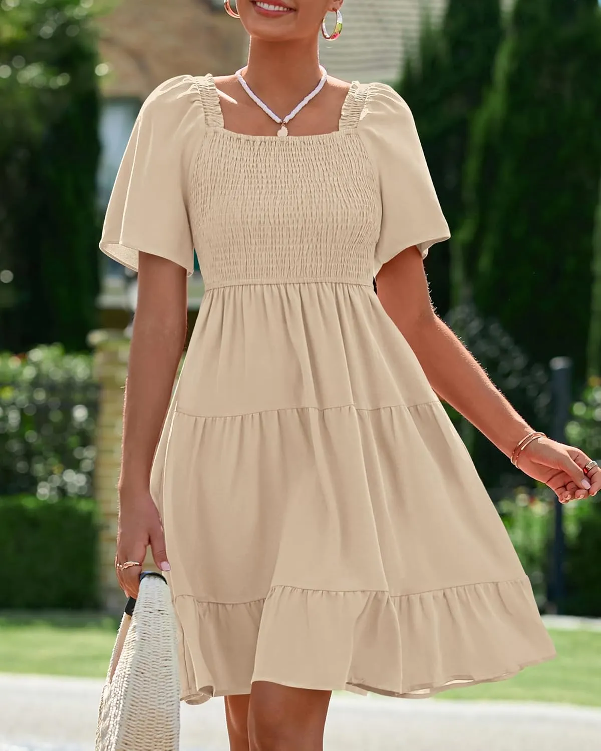 BTFBM Women's Summer Smocked Mini Dress Square Neck Flutter Sleeve Casual Ruffle Flared Swing Boho Beach Dresses Pockets