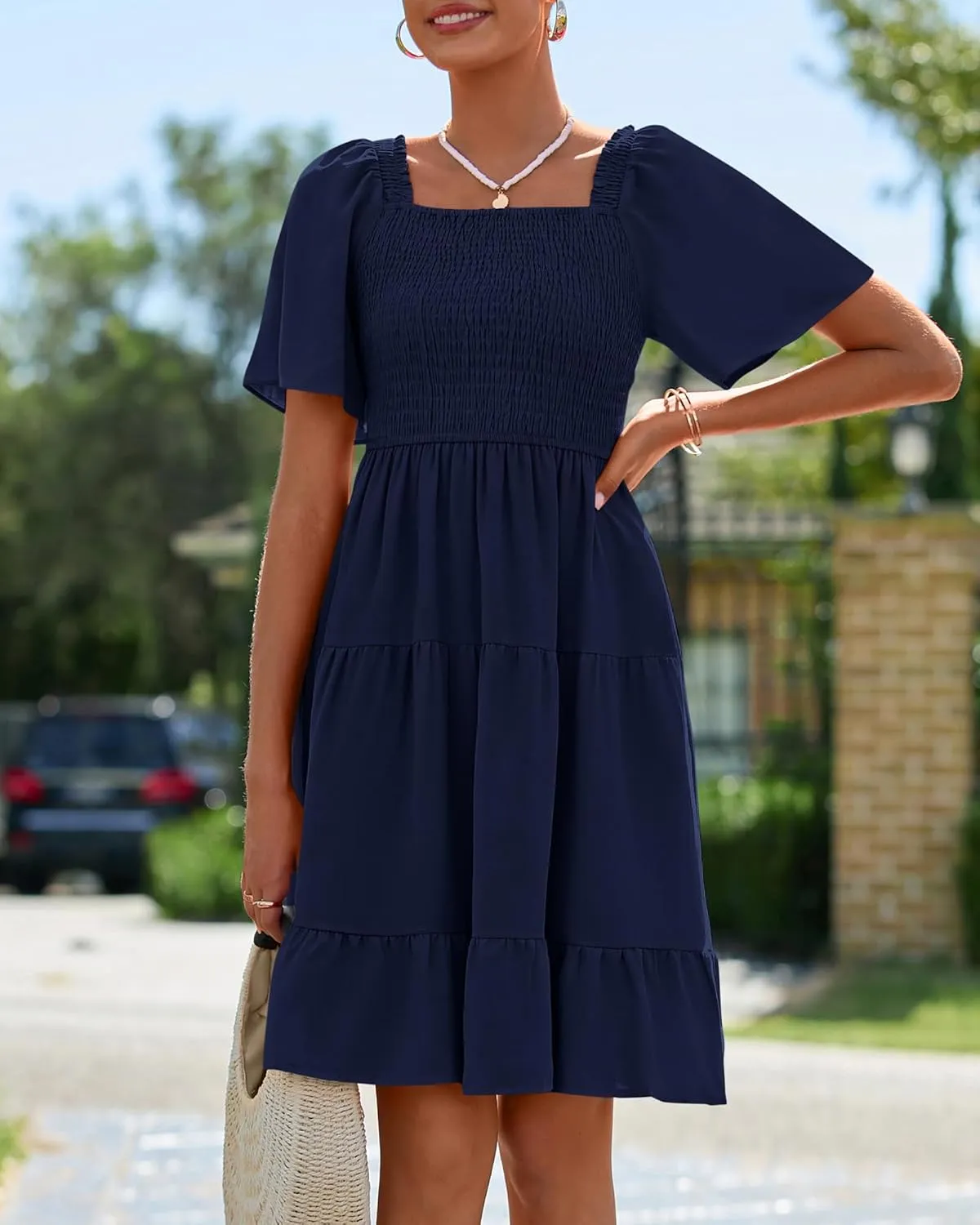 BTFBM Women's Summer Smocked Mini Dress Square Neck Flutter Sleeve Casual Ruffle Flared Swing Boho Beach Dresses Pockets
