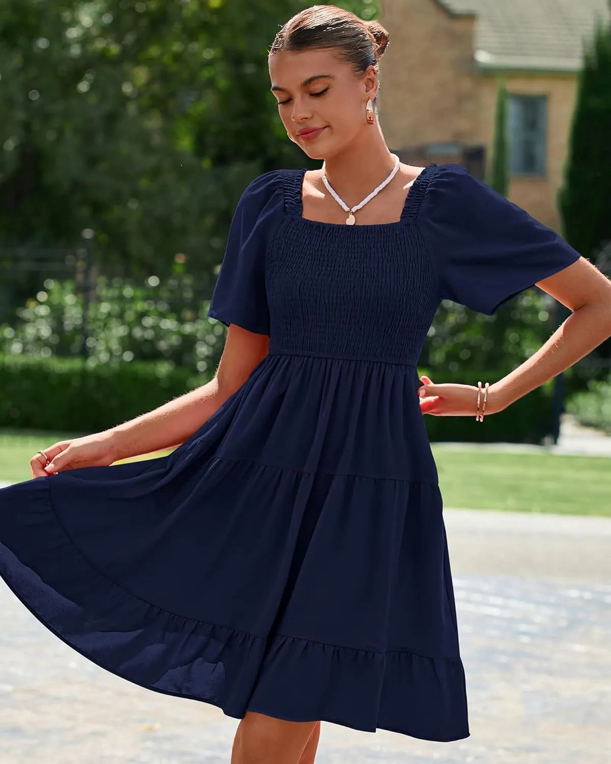 BTFBM Women's Summer Smocked Mini Dress Square Neck Flutter Sleeve Casual Ruffle Flared Swing Boho Beach Dresses Pockets