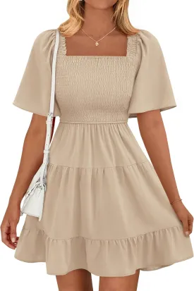 BTFBM Women's Summer Smocked Mini Dress Square Neck Flutter Sleeve Casual Ruffle Flared Swing Boho Beach Dresses Pockets