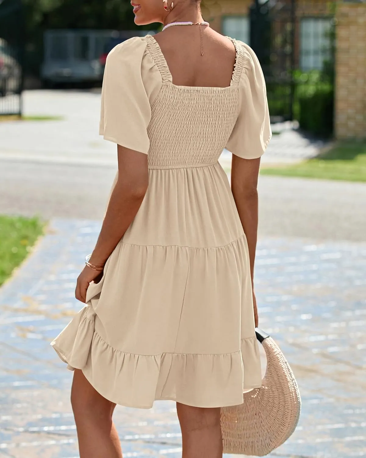 BTFBM Women's Summer Smocked Mini Dress Square Neck Flutter Sleeve Casual Ruffle Flared Swing Boho Beach Dresses Pockets