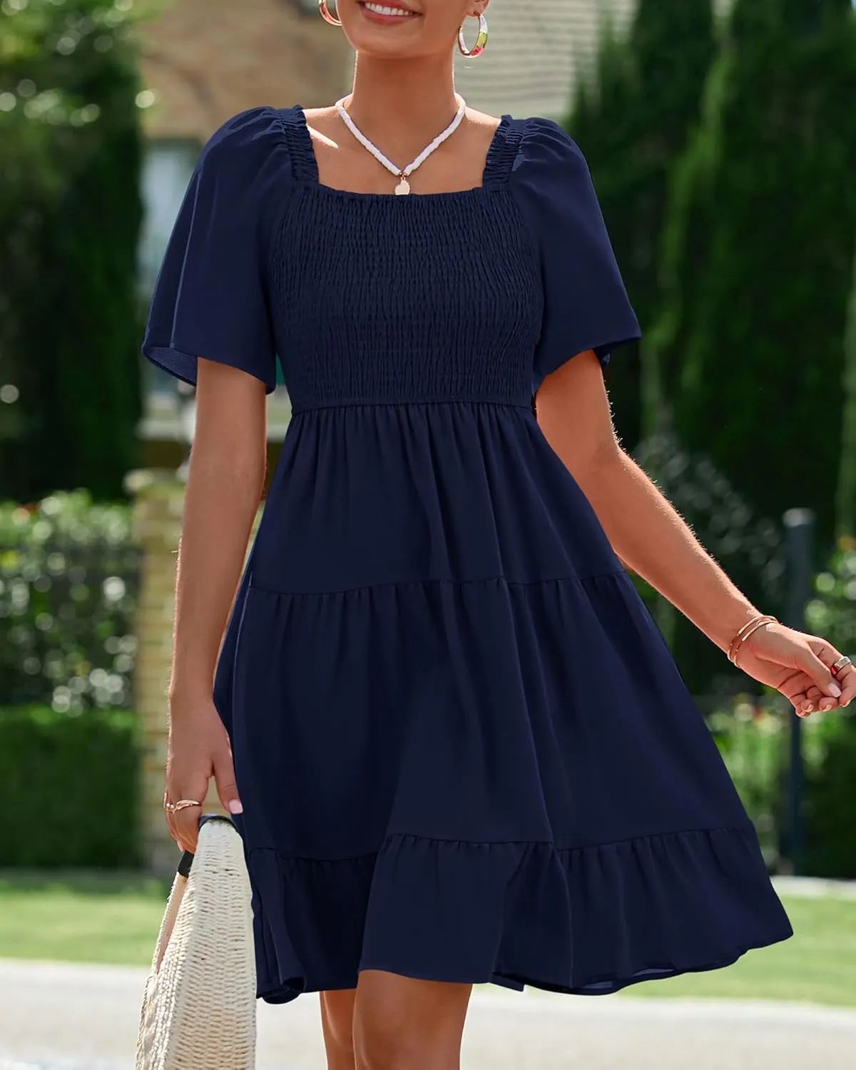 BTFBM Women's Summer Smocked Mini Dress Square Neck Flutter Sleeve Casual Ruffle Flared Swing Boho Beach Dresses Pockets