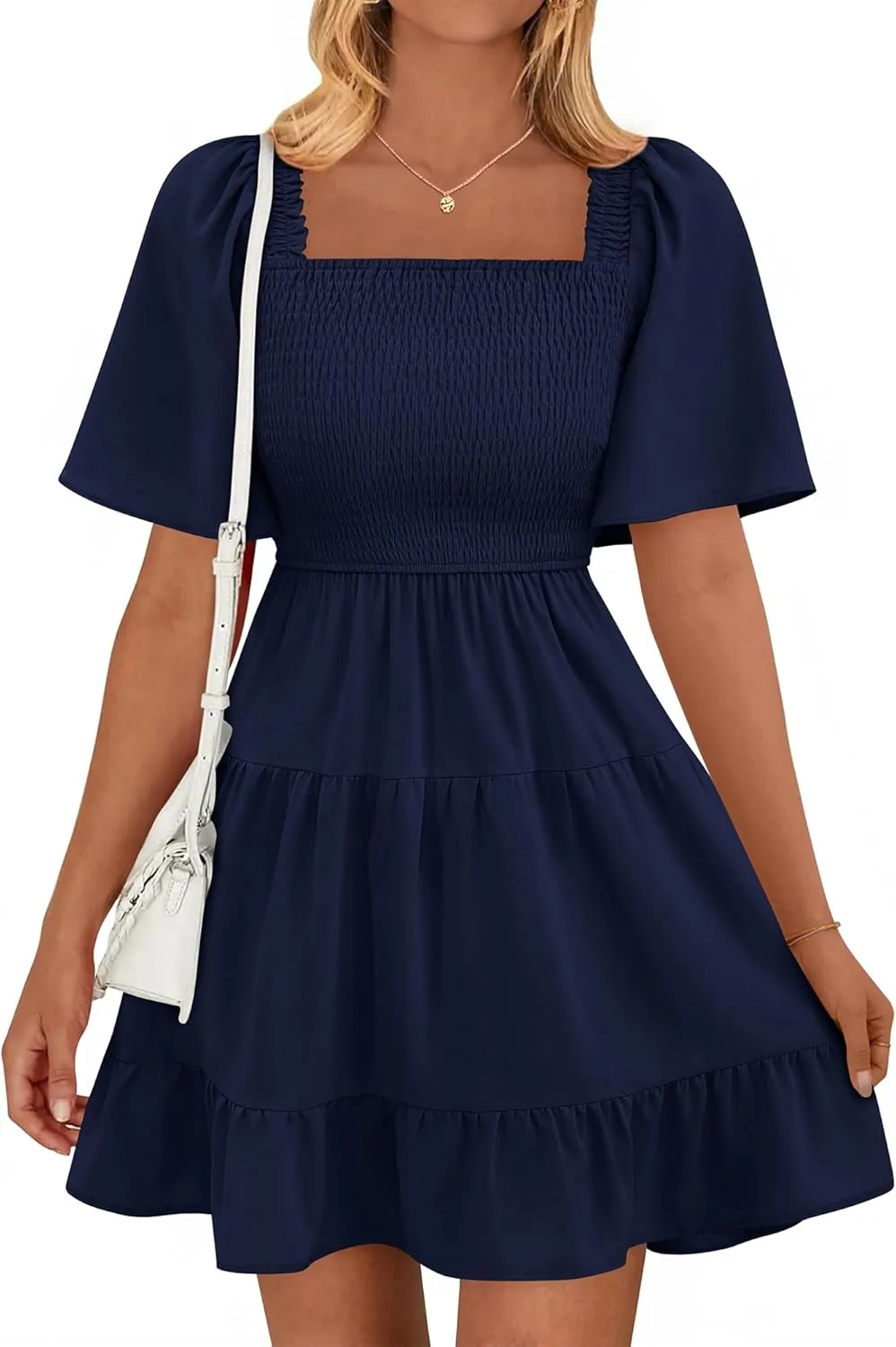 BTFBM Women's Summer Smocked Mini Dress Square Neck Flutter Sleeve Casual Ruffle Flared Swing Boho Beach Dresses Pockets