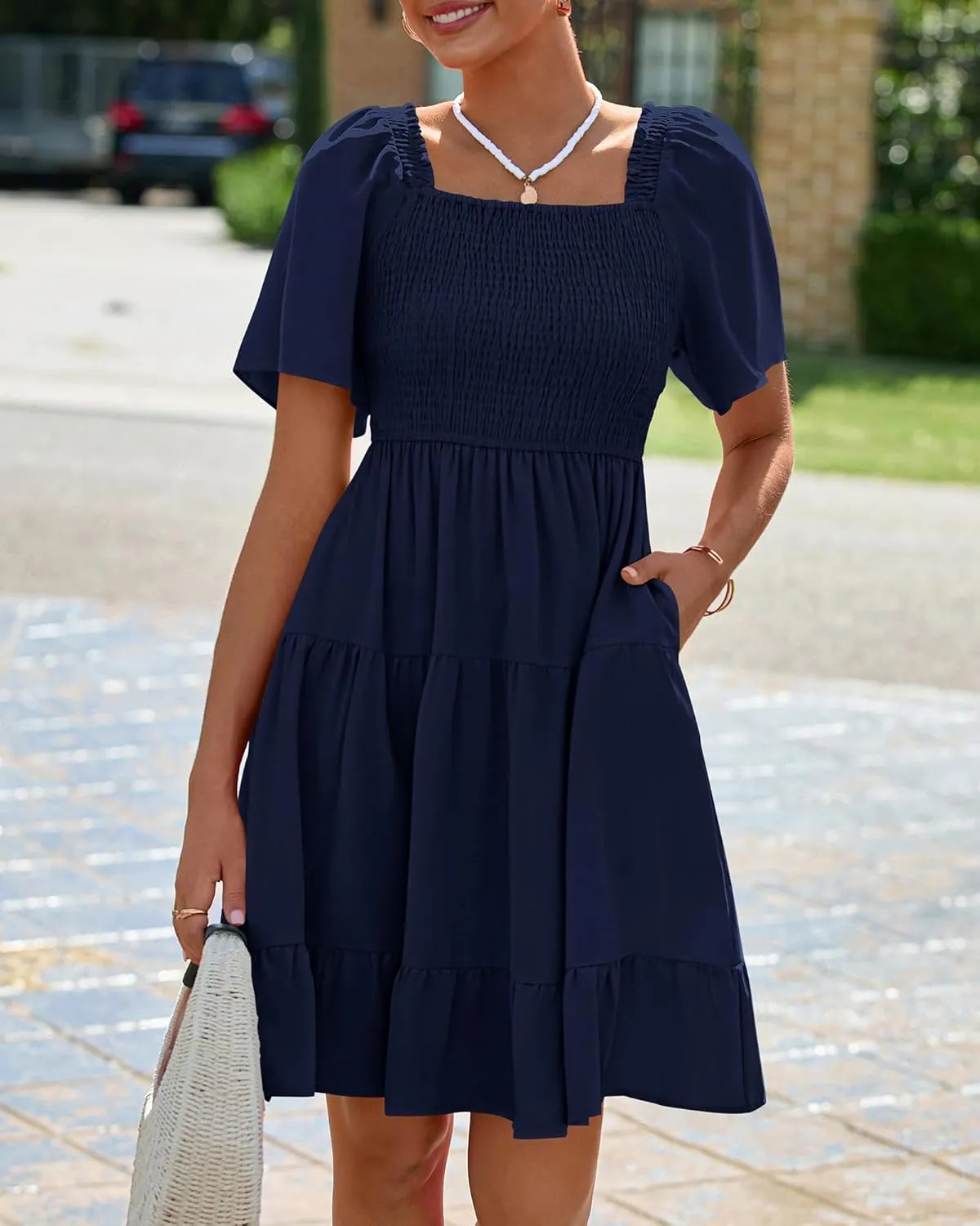 BTFBM Women's Summer Smocked Mini Dress Square Neck Flutter Sleeve Casual Ruffle Flared Swing Boho Beach Dresses Pockets