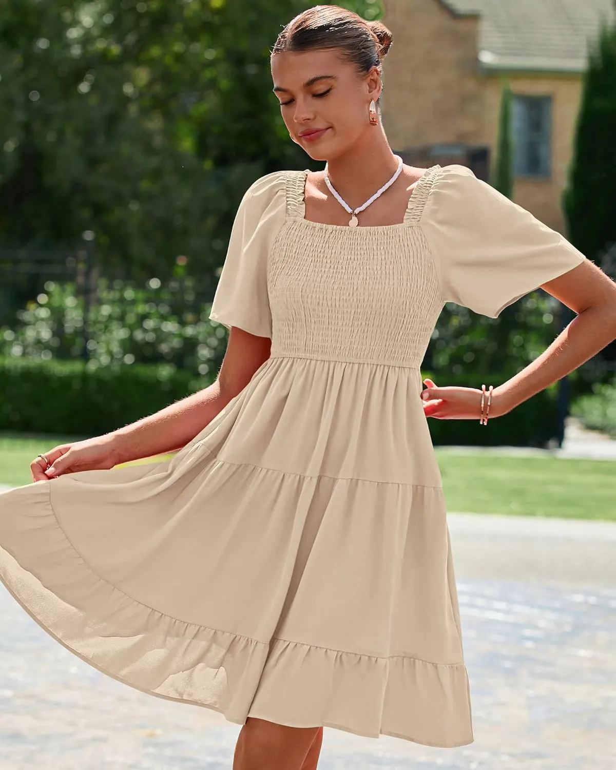 BTFBM Women's Summer Smocked Mini Dress Square Neck Flutter Sleeve Casual Ruffle Flared Swing Boho Beach Dresses Pockets
