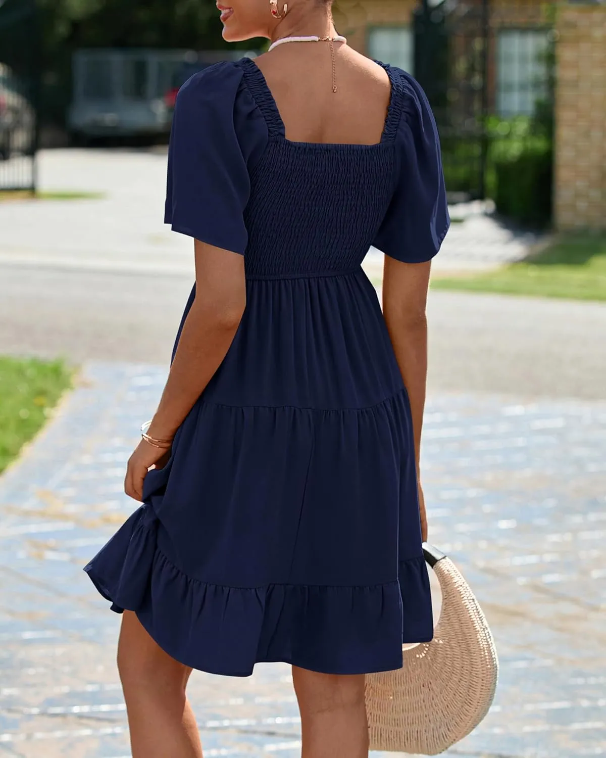 BTFBM Women's Summer Smocked Mini Dress Square Neck Flutter Sleeve Casual Ruffle Flared Swing Boho Beach Dresses Pockets