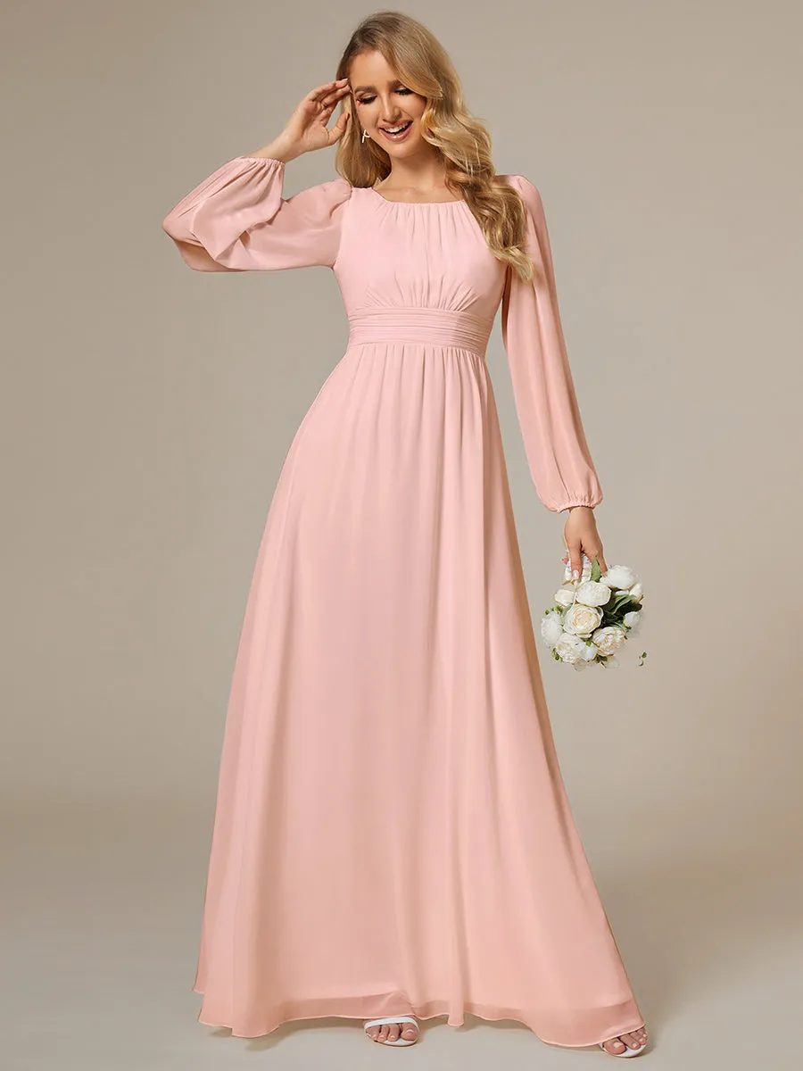 Elegant Custom Size Round Neck Wholesale Bridesmaid Dresses with Long Lantern Sleeves for Chic Weddings