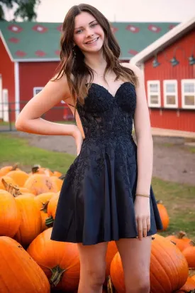 Cute A Line V Neck Black Satin Short Homecoming Dresses with Appliques VK24082304