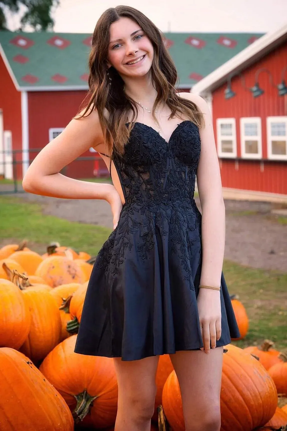 Cute A Line V Neck Black Satin Short Homecoming Dresses with Appliques VK24082304