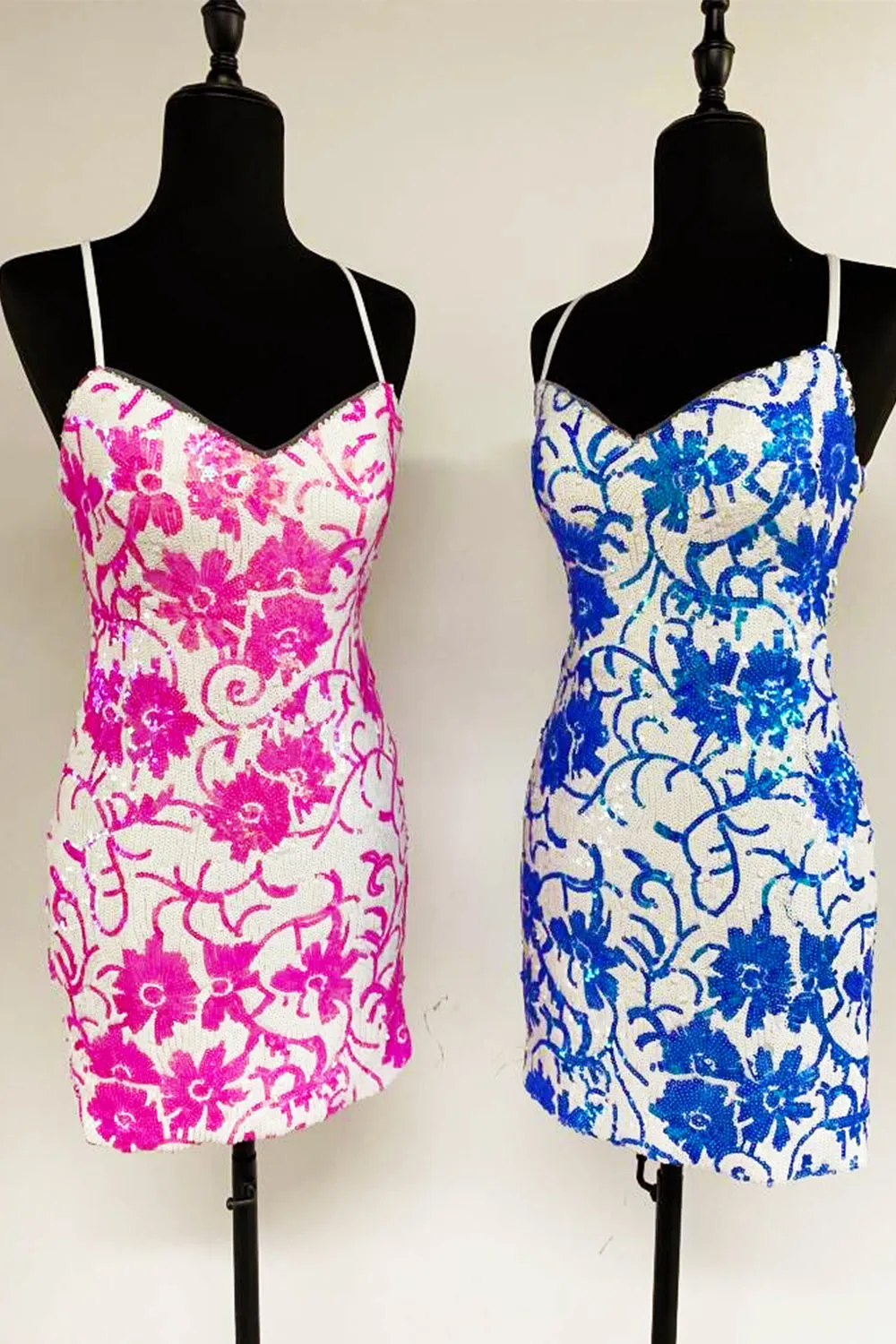 Cute V Neck Blue White Sequin Lace Tight Short Homecoming Dresses VK24082913