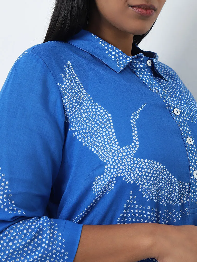 Blue Bandhani Pattern A-Line Cotton Kurta with Collar