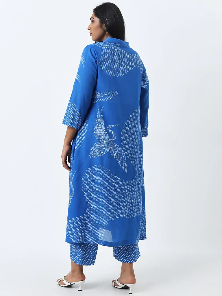 Blue Bandhani Pattern A-Line Cotton Kurta with Collar